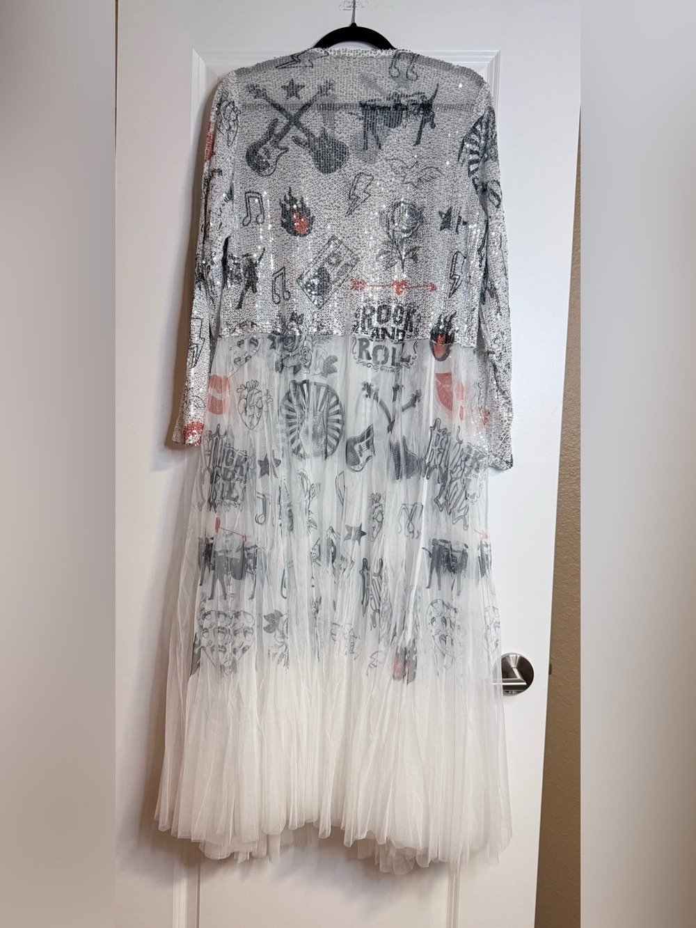 🆕 Origami Designer Rock & Roll White Silver Red Sequin SheerTulle Long Duster - Picture 7 of 10